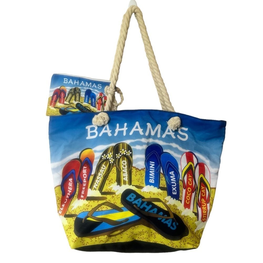 Bahamas Beach Tote Bag with Cosmetic Bag Island List Flip Flops Ocean 13"x8"x15"